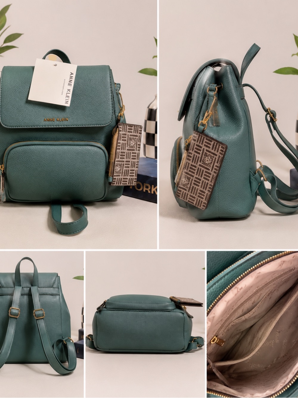 Anne Klein Green Leather Backpack with Gold Hardware